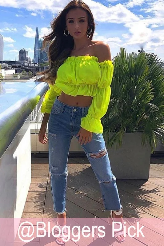 Neon Yellow Bardot Frill Crop Top