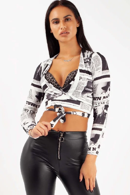 Newspaper Print Plunge Neck Crop Top