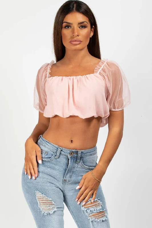 Pink Mesh Short Puff Sleeve Crop Top