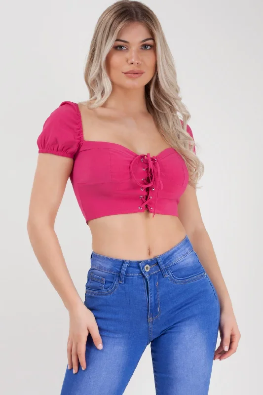 Pink Puff Sleeve Milkmaid Crop Top