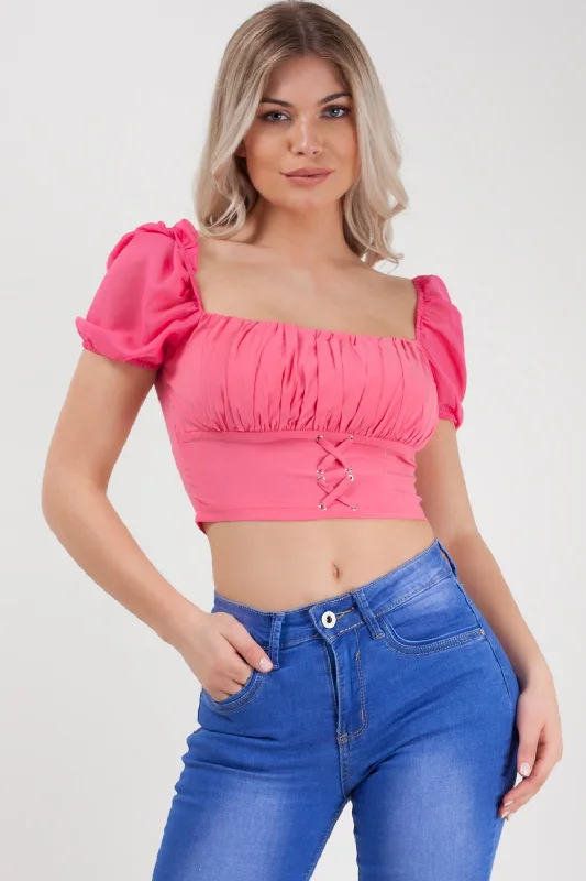 Pink Puff Sleeve Ruched Crop Top