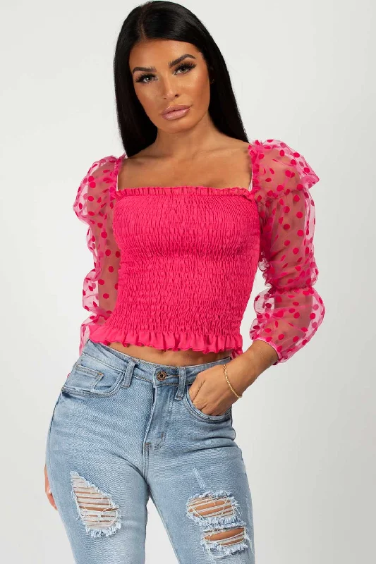 Polkadot Sleeve Shirred Crop Top