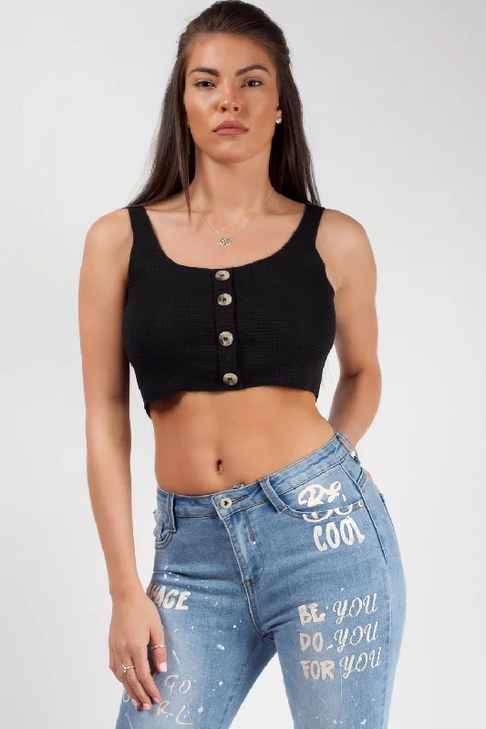 Ribbed Button Front Crop Top Black