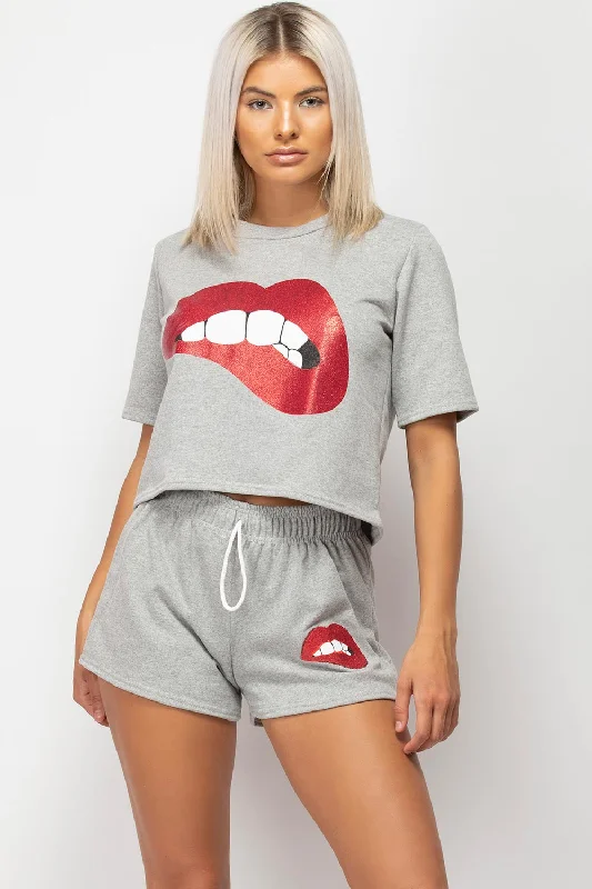 Sequin Lips Crop Top And Shorts Lounge Set Grey