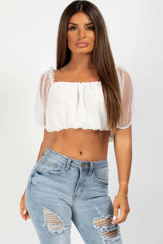 White Mesh Short Puff Sleeve Crop Top